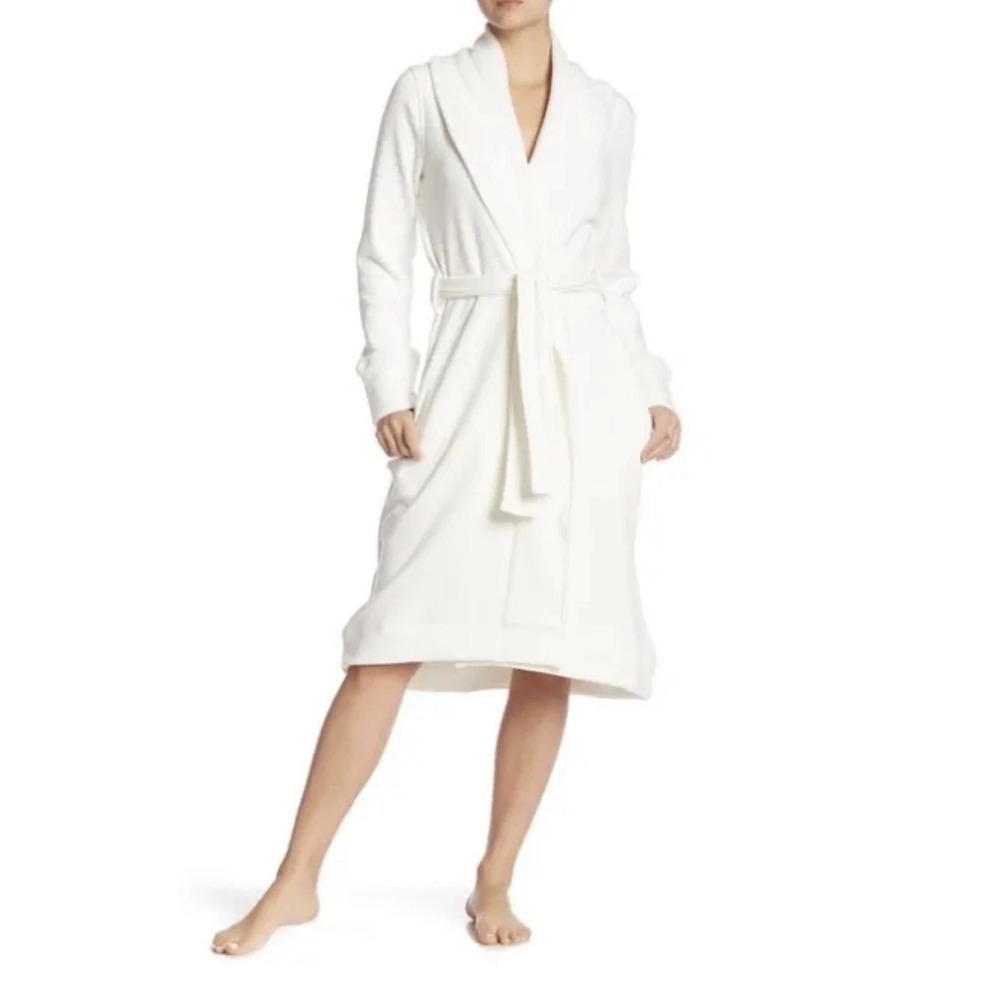 UGG Duffield II Robe Womens M Cream Fleece Kimono Belted Shawl Collar Pockets - Picture 2 of 14